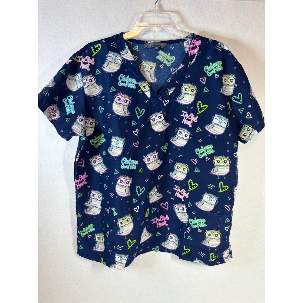 Serene Uniforms Navy Owl Print Scrub Top V-Neck Medical XL 9000M-67